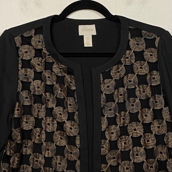 Chico's Black Mesh Open Front Longline Blazer Cardigan Sweater Size Small - Picture 2 of 6